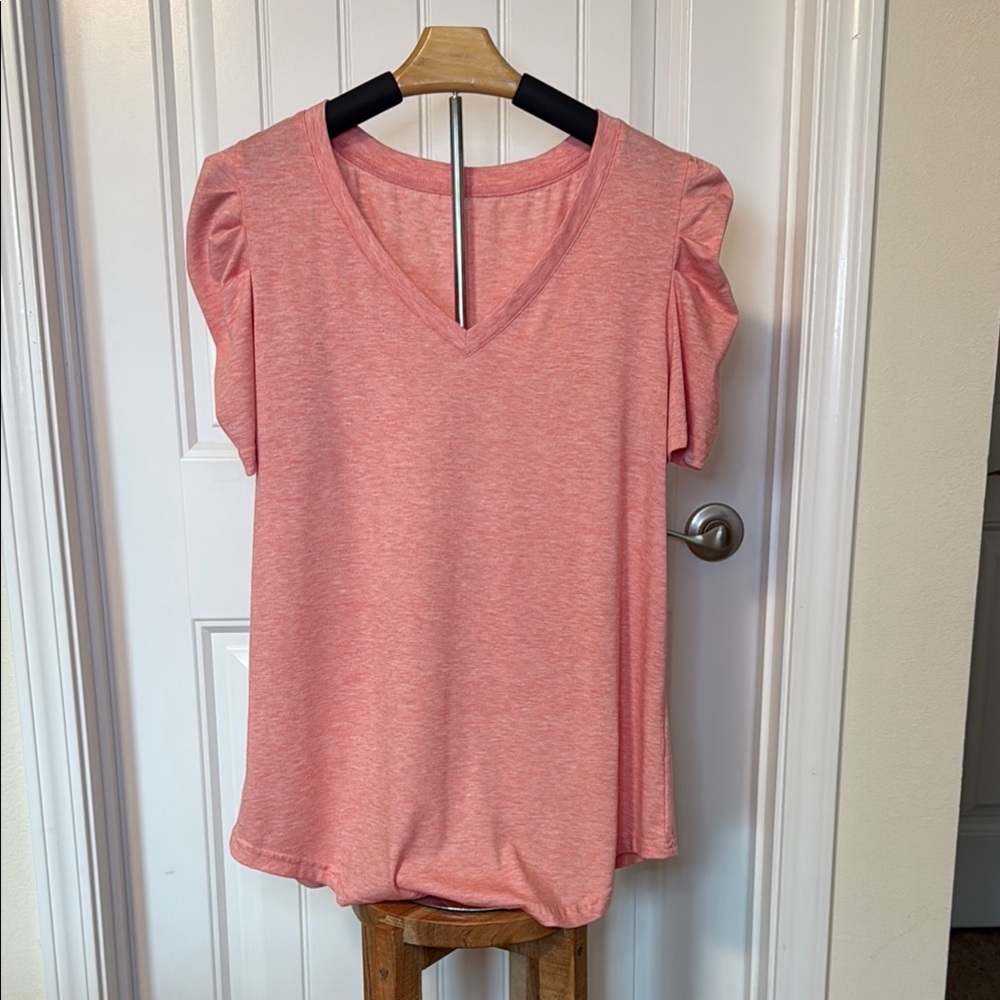 Coral Pink V-Neck Top | Puff Sleeve Tee | Size L